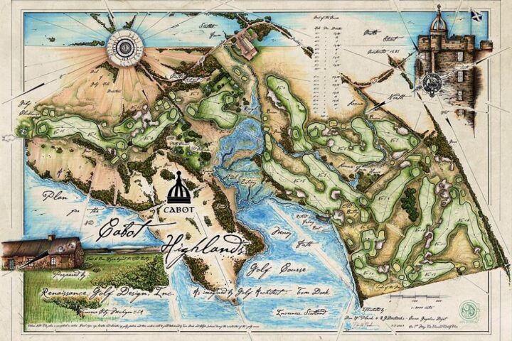 Carte à l’ancienne du nouveau parcours de Cabot Highlands, par Tom Doak. DR